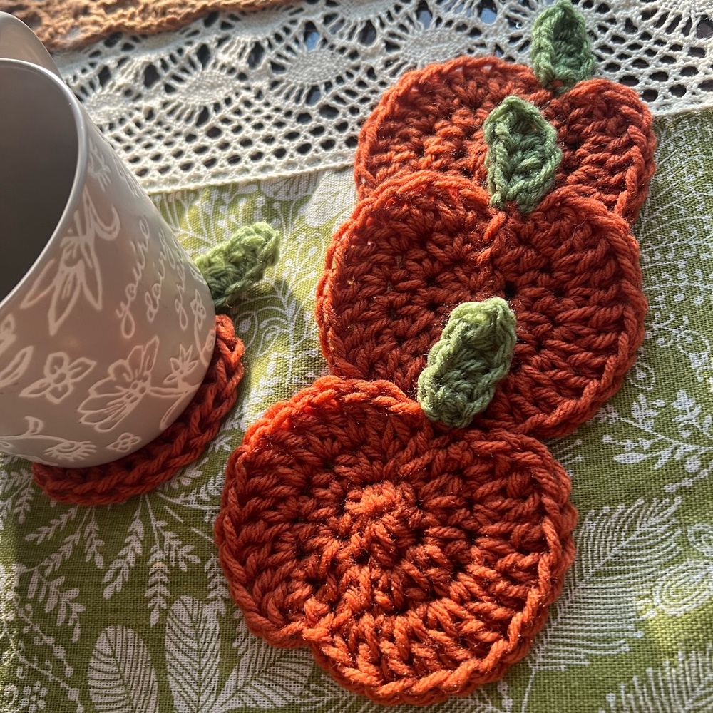 SOLD ****Handmade Crochet Pumpkin Coasters